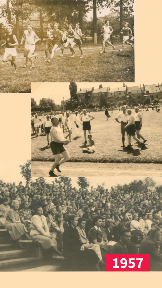 Leichtathletik und Publikum beim CVJM Gütersloh 1957